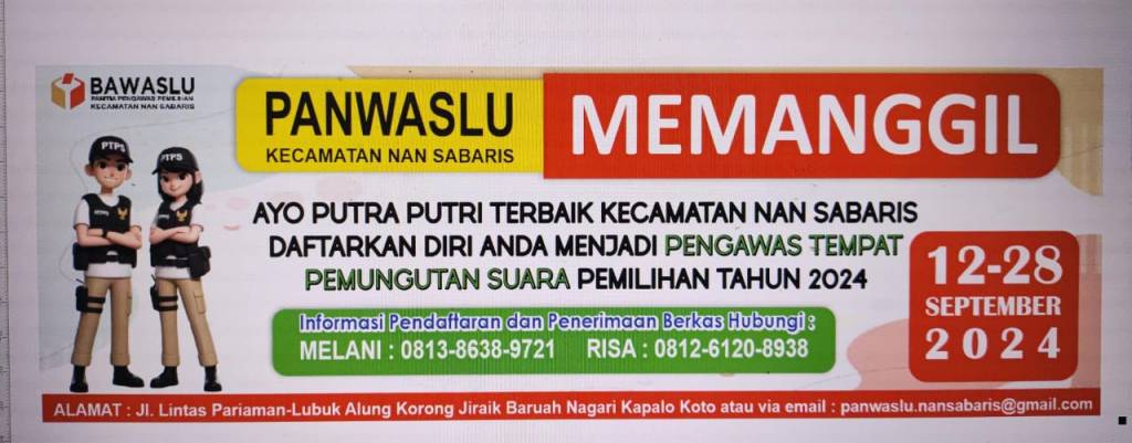 Panwascam Nan Sabaris Buka Rekrutmen Pengawas TPS Untuk Pilkada&nbsp;2024